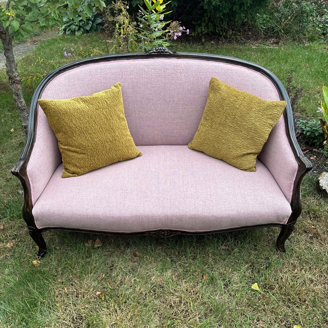 Vintage Blush Wood Frame Loveseat For Sale - Image 10 of 15