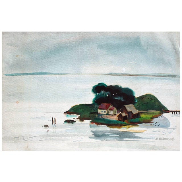 Impressionist Alexander Nepote "Island in the San Francisco Bay" Watercolor Landscape 1938 For Sale - Image 3 of 8
