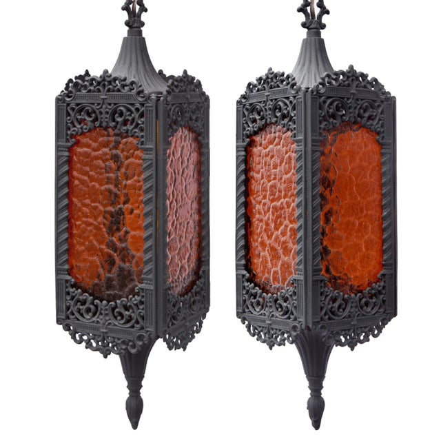 1960s Hanging Lanterns With Amber & Clear Glass Windows - a Pair For Sale In Los Angeles - Image 6 of 6