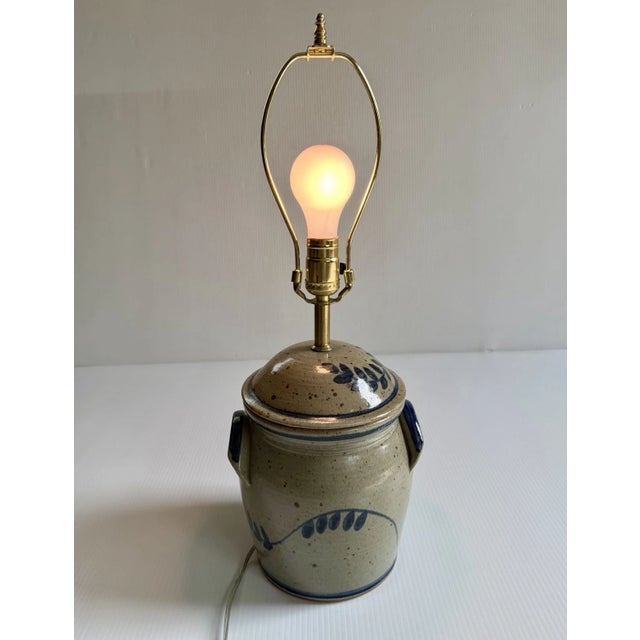 American Vintage 1988 Signed Pottery Crock Table Lamp, Cobalt Blue Leaves & Details With Ear Handles For Sale - Image 3 of 18
