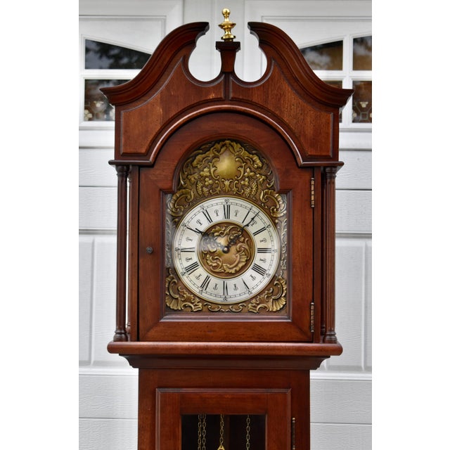 Traditional Mahogany Grandmother Clock Vintage Mechanical Embossed Dial For Sale - Image 4 of 18