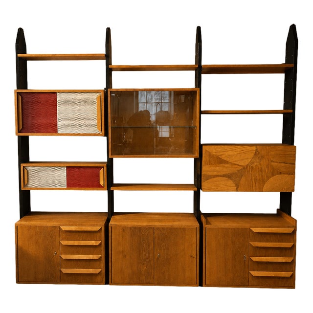 Vintage Czechoslovak Modular Wall Unit with Veneer Cabinets and Black Wooden Supports, 1970s For Sale