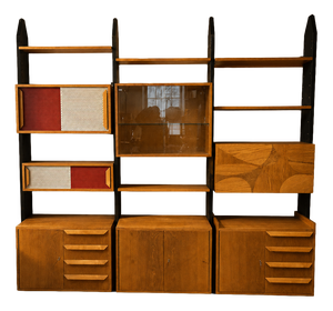 Vintage Czechoslovak Modular Wall Unit with Veneer Cabinets and Black Wooden Supports, 1970s
