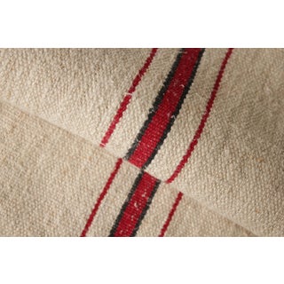 Linen Fabric Grain Sack Black & Red Striped Bag Hemp Stripe Textile European Laundered For Sale