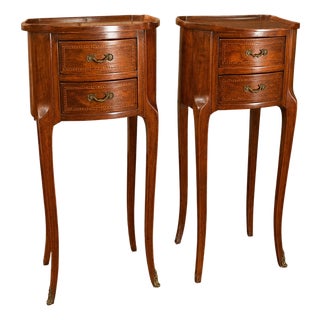 Louis XV Style Drum-Shaped Bedside Tables in Cherrywood and Marquetry, 1950s, Set of 2 For Sale
