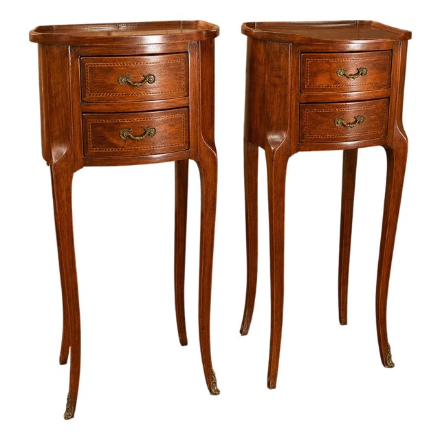 Louis XV Style Drum-Shaped Bedside Tables in Cherrywood and Marquetry, 1950s, Set of 2 For Sale