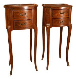 Louis XV Style Drum-Shaped Bedside Tables in Cherrywood and Marquetry, 1950s, Set of 2