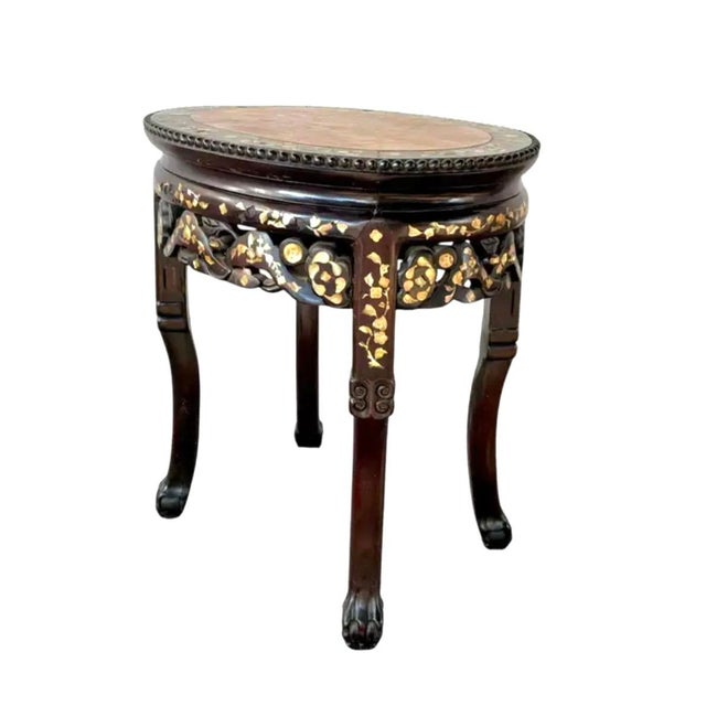 Chinese Rosewood and Mother-of-Pearl Inlaid Marble Top Plant Stand For Sale - Image 4 of 16