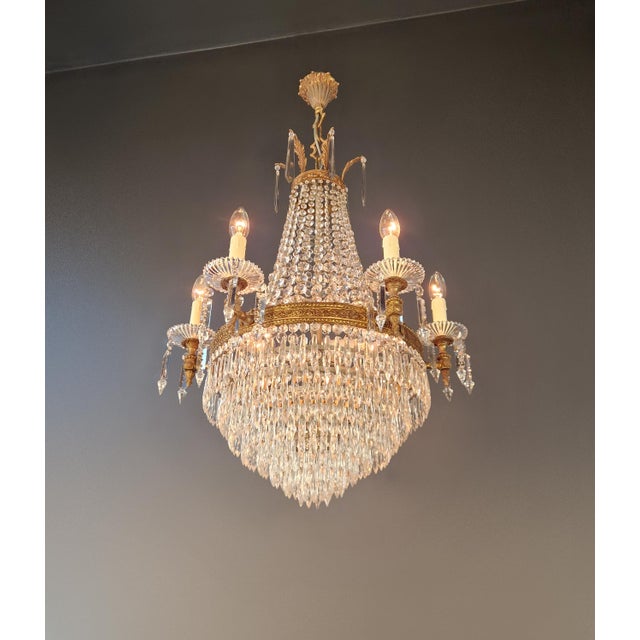 1930s Antique Empire Style Brass Crystal Chandelier Neoclassical European Basket For Sale - Image 5 of 11