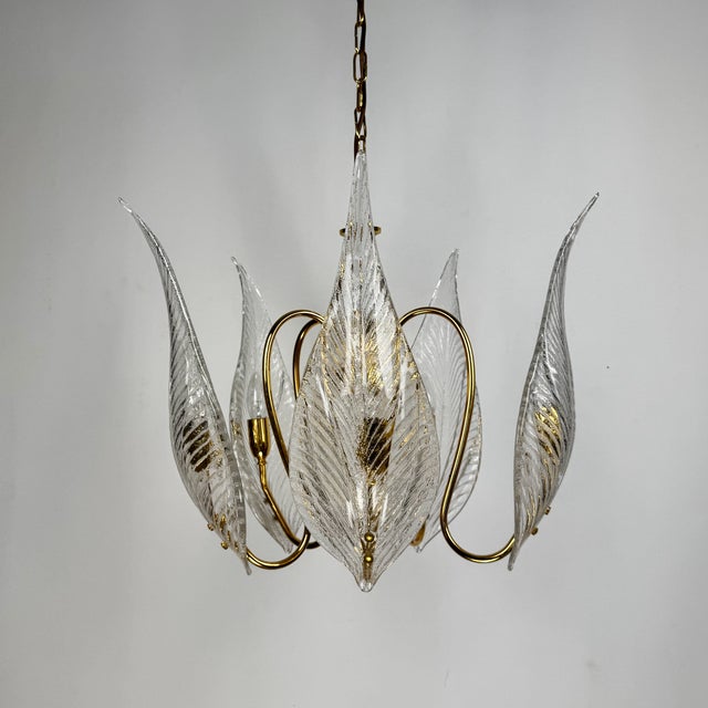 1980s Large Brass and Murano Glass Leaves Chandelier, Italy, 1980s For Sale - Image 5 of 11
