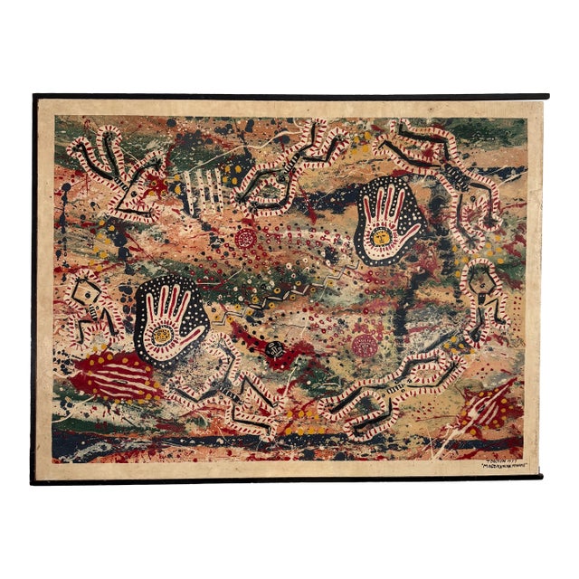 Large Abstract Folk Art Acylic Painting "Magdalenian Magike" by T. Dalton. 1977 For Sale