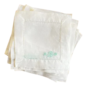 Set of 10 Vintage Square Monogrammed Cocktail Napkins in White and Blue - Bbb