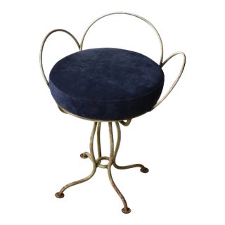 Vintage White-Painted Iron Petal Back Vanity Chair With Navy Suede Seat, Circa Mid-20th Century For Sale