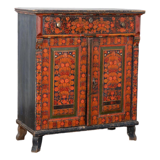 Late 19th Century Highly Painted Pine Sideboard Cabinet, Hungary For Sale