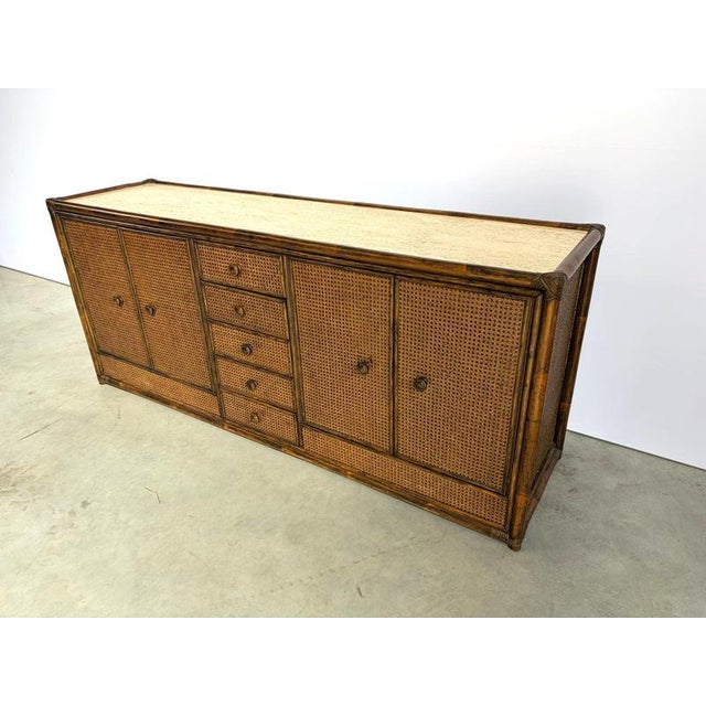 1960s Vintage Rattan and Travertine Sideboard, 1960s For Sale - Image 5 of 13