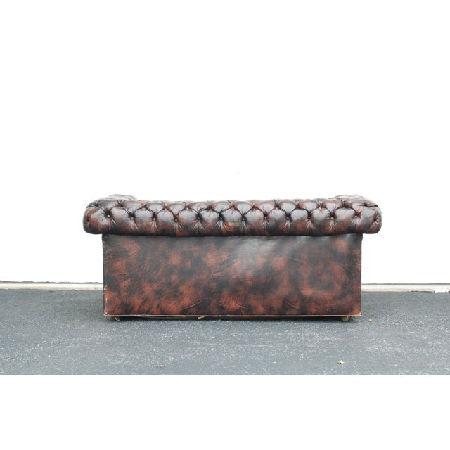 Cigar Brown, Vintage, Speak Easy, Genuine Leather, Tufted, Chippendale Style Sofa, Settee. Warm Honey patina distress and...