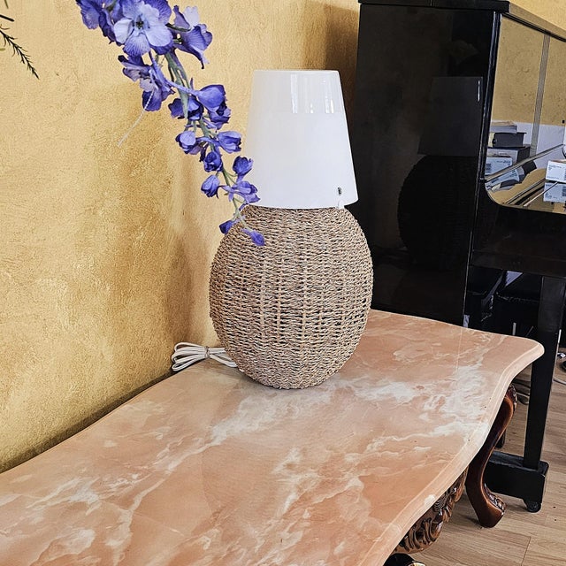 Vintage Ikea Woven Rattan Coastal Boho Table Lamp With White Frosted Glass Shade For Sale - Image 15 of 18