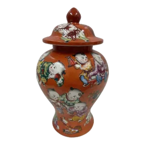 Vintage Chinese Hand Painted Red Porcelain Ginger Jar