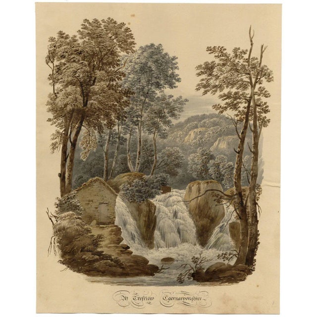 An original c.1832 watercolour painting Waterfall at Trefriw, Caernarfonshire, Wales.A fine and impressive large vignette...