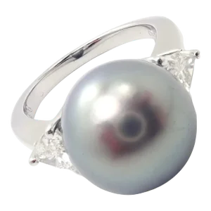 Mikimoto Platinum .5ctw Diamond 12mm Tahitian South Sea Pearl Heart Ring, size 5.5
