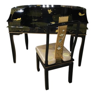 Vintage Chinoiserie Lacquer Desk and Chair For Sale