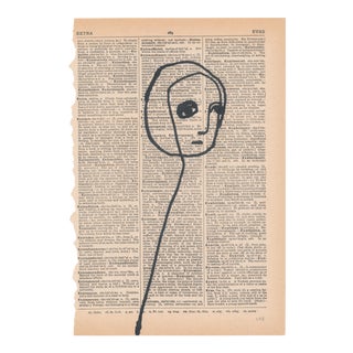 Contemporary Minimalist Portrait Ink Drawing on Vintage Paper For Sale