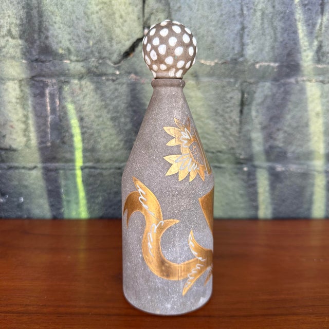 Art Deco Waylande Gregory Glass Bottle With Stone Gray and Metallic Gold Art Deco Design For Sale - Image 3 of 12
