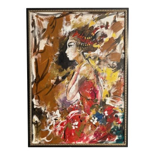 Large Signed Vintage Figurative Abstract Portrait Painting of Woman in Headdress For Sale