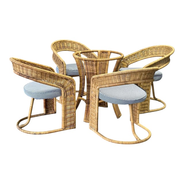 Vintage Woven Rattan and Wicker Dining Set, 5 Piece Set, Coastal, Modern, Palm Beach Regency For Sale