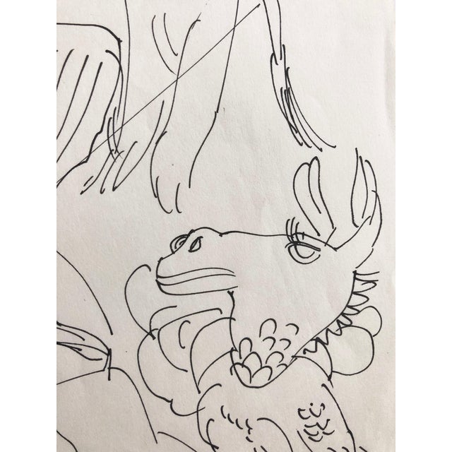 Moshe Avni, Vintage Israeli Bezalel School Drawing Surrealist Boy with Animals Kibbutz Life, c.1960's For Sale - Image 4 of 6