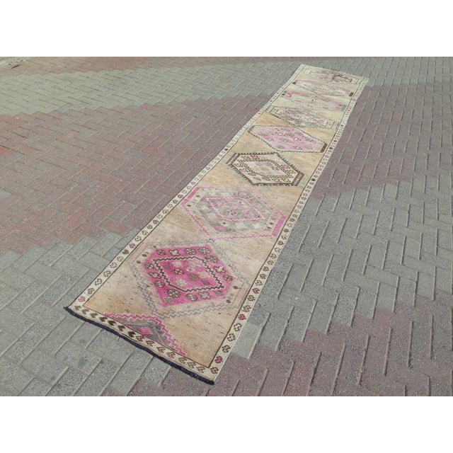 Mid 20th Century Mid 20th Century Extra Long Vintage Turkish Carpet Runner Pink Rug Runner For Sale - Image 5 of 12