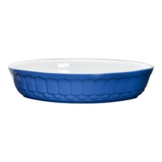 Vintage French Blue & White Oval Ceramic Baking Dish | Embossed Scallop Pattern | 11" Stoneware Baker | French Pottery | Farmhouse Quiche For Sale