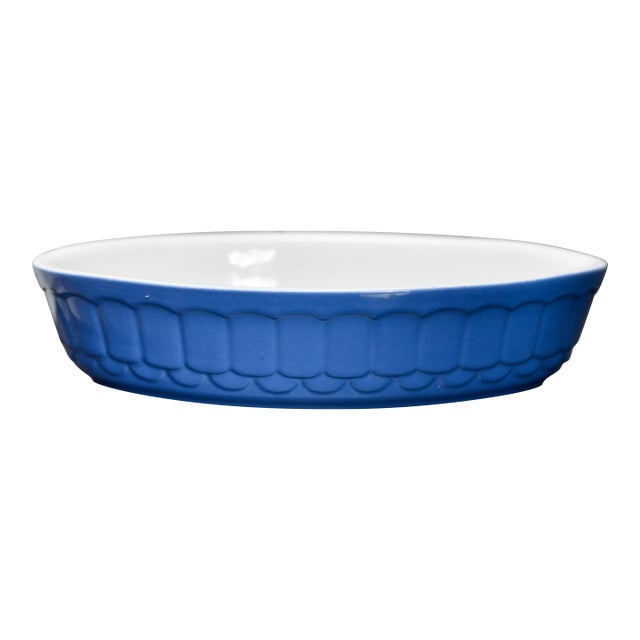 Vintage French Blue & White Oval Ceramic Baking Dish | Embossed Scallop Pattern | 11" Stoneware Baker | French Pottery | Farmhouse Quiche For Sale