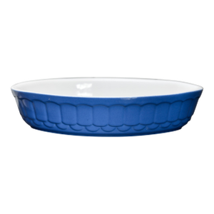 Vintage French Blue & White Oval Ceramic Baking Dish | Embossed Scallop Pattern | 11" Stoneware Baker | French Pottery | Farmhouse Quiche