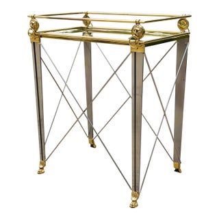 Vintage Maison Jansen Style Hollywood Regency Accent Table | French Neoclassical Brass Lion Head & Paw Feet | Glass Top Side Table For Sale