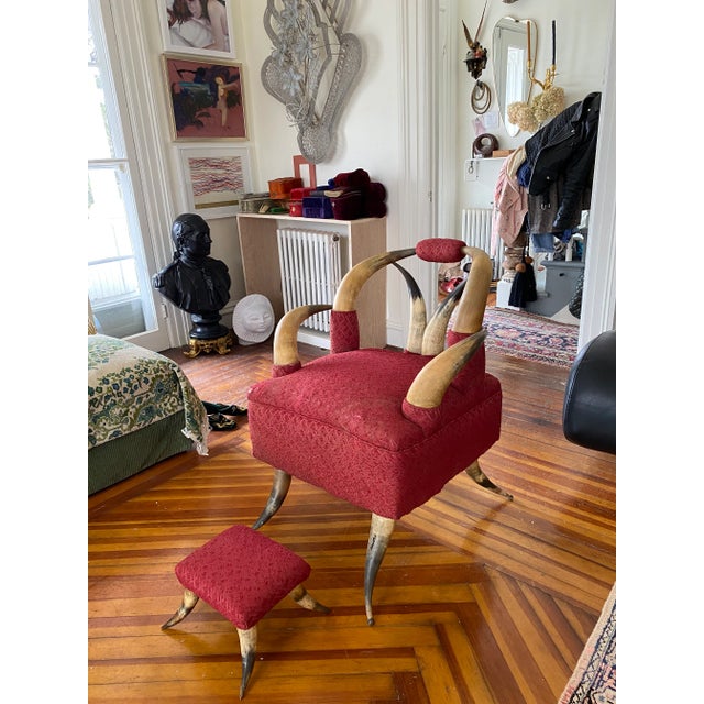 Folk Art 1800’s Victorian Horn Armchair & Footstool For Sale - Image 3 of 9