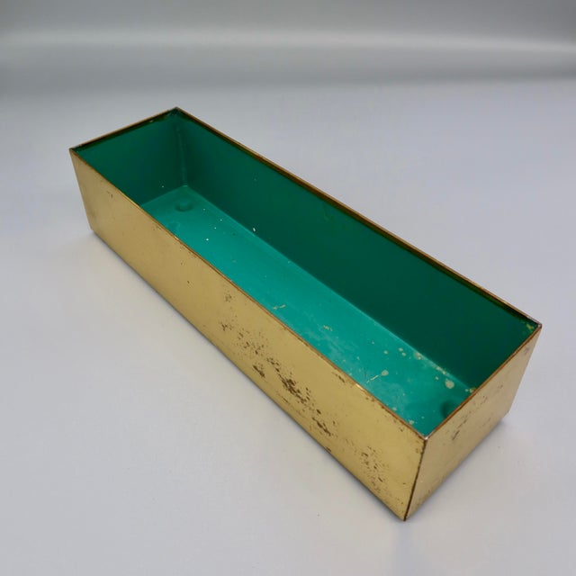 Mid-Century Modern Vintage MCM Brass Rectangular Box — Desk Organizer or Planter, Teal-Lined Interior For Sale - Image 3 of 6