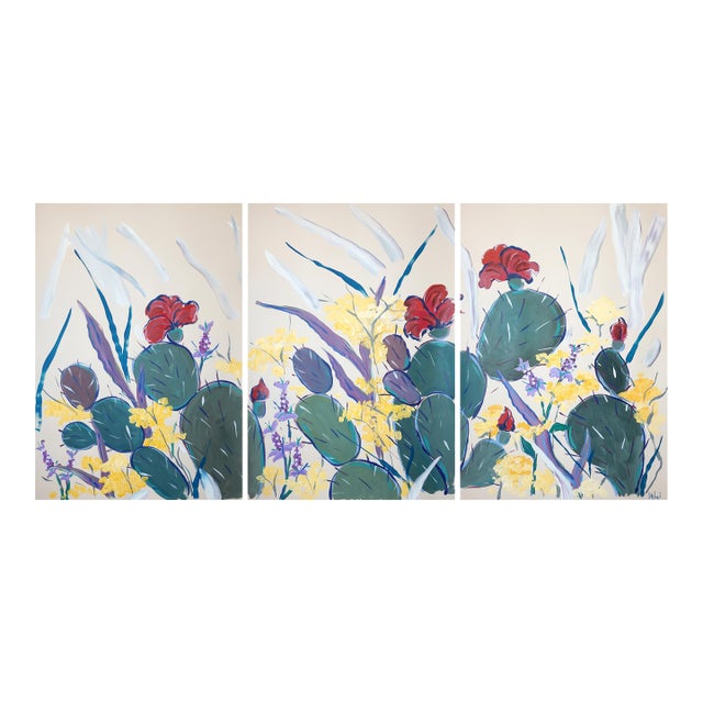 2026, Illustration Style Botanical Painting, Cactus With Wildflowers, Acrylic Paint on Watercolor Paper by Romina Milano For Sale