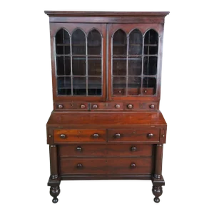 Early 19th Century Antique Federal American Mahogany Secretary Writing Desk Gothic Bookcase