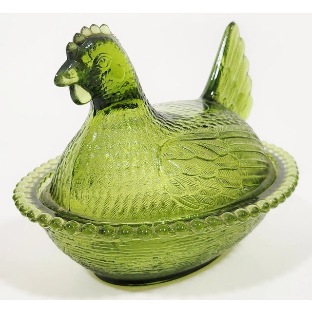 Large Vintage Mid-Century Green Glass Lidded Bowl Hen on Nest Serving Dish For Sale - Image 4 of 12
