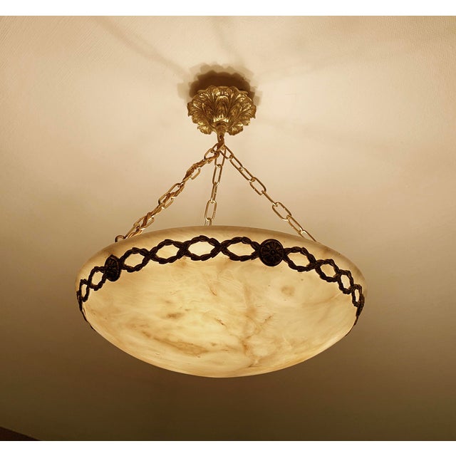 French Art Deco Alabaster and Bronze Pendant Light, 1930s For Sale - Image 11 of 18