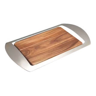 Nambé Mikko Serving Tray (19") – Acacia Wood and Sculptural Stainless Steel – Steve Cozzolino For Sale
