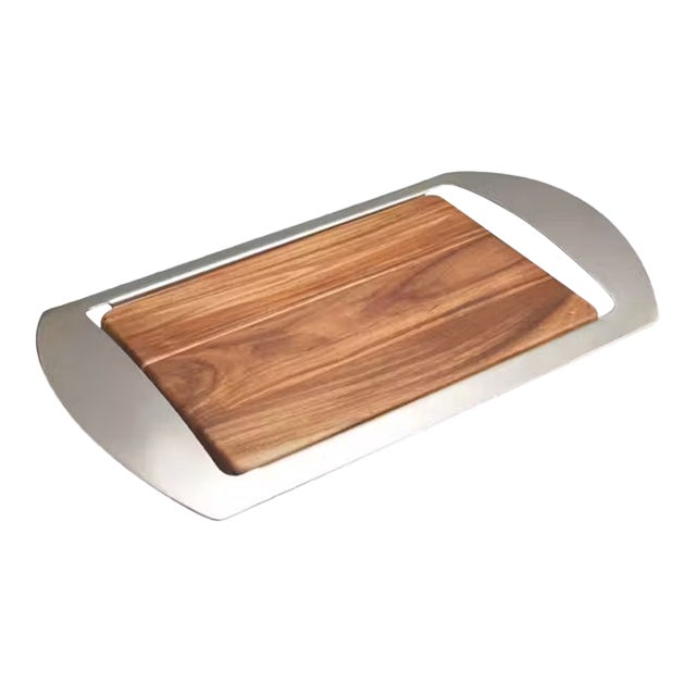 Nambé Mikko Serving Tray (19") – Acacia Wood and Sculptural Stainless Steel – Steve Cozzolino For Sale
