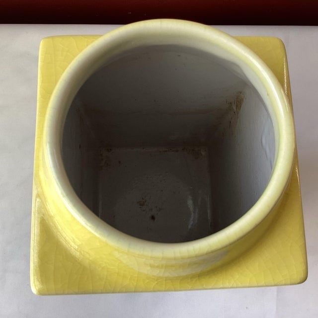 Vintage Chinese Yellow Porcelain Vase With Painted Mountains & Inscription – Attached Wood Base – 11¼” For Sale In Washington DC - Image 6 of 11