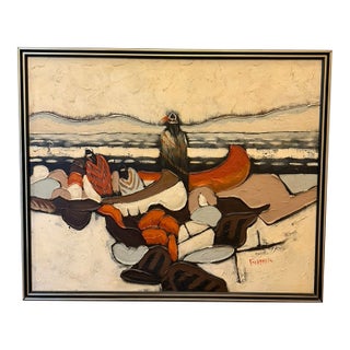 Large Vintage Impasto Painting by Ferrante -Canoe Painting, Signed Framed Original Art 46x38 Inches For Sale