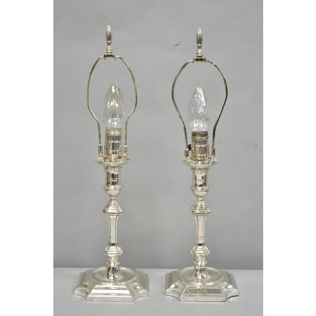 Antique English Regency Silver Plated Footed Candlestick Table Lamps - A Pair For Sale - Image 15 of 16