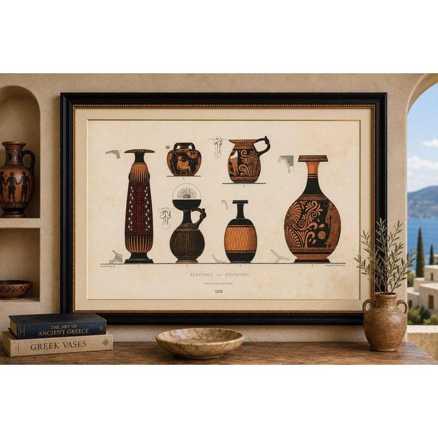 Antique Greek Bottles & Jugs with Classical Figures Lithograph, 1883 Original antique color lithograph depicting a varied...