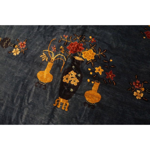 Royal Blue 1920s Blue Vase Floral Antique Chinese Peking Rug 9' 1'' X11' 6'' Knotted Wool For Sale - Image 8 of 11