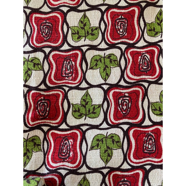 This is a set of 4 red and green mid century modern cafe style cotton bark cloth curtain panels with tie backs. Bark cloth...