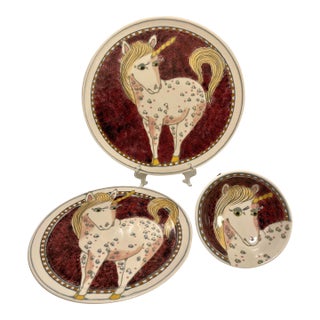 Set of 3 Vintage Rothwoman California Studio Art Pottery Unicorn Plates, Signed For Sale